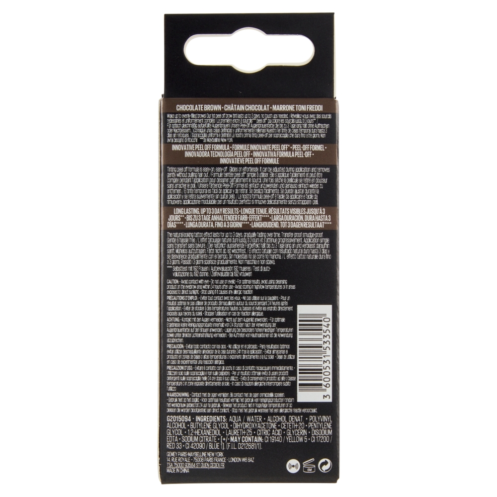 Maybelline New York Tinta Sopracciglia Tattoo Brow Peel-Off, Dura fino a 3 Giorni, Chocolate Brown